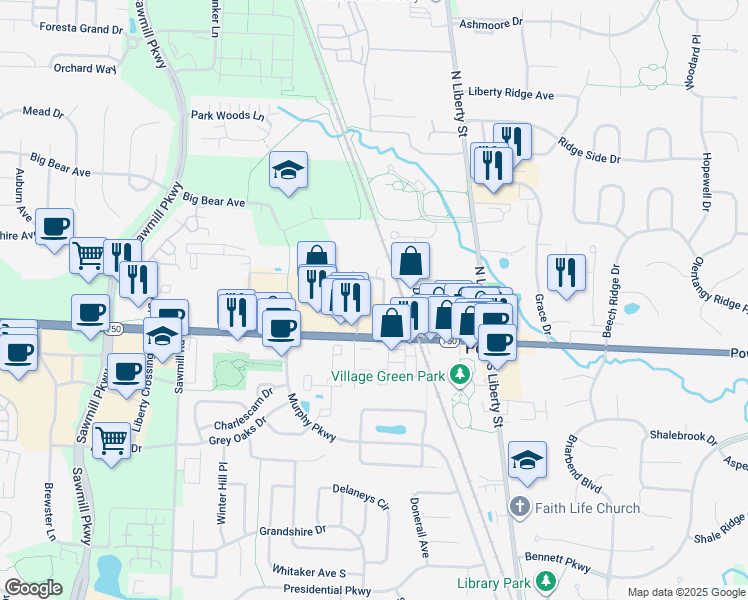 map of restaurants, bars, coffee shops, grocery stores, and more near 75 Lincoln Street in Powell