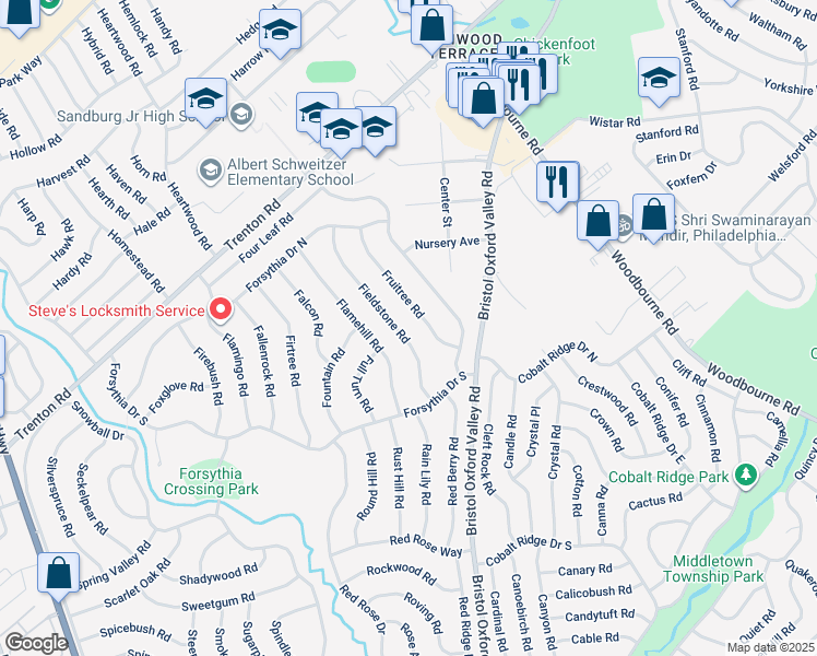 map of restaurants, bars, coffee shops, grocery stores, and more near 40 Fieldstone Road in Levittown