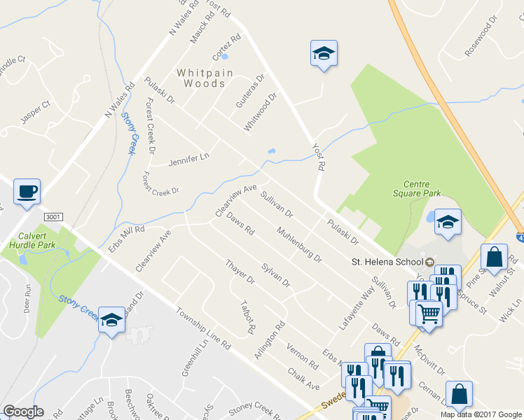 map of restaurants, bars, coffee shops, grocery stores, and more near 1665 Muhlenburg Dr in Blue Bell