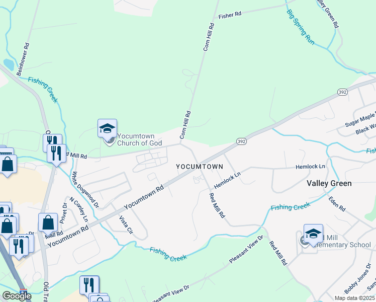 map of restaurants, bars, coffee shops, grocery stores, and more near 325 Red Mill Road in Valley Green