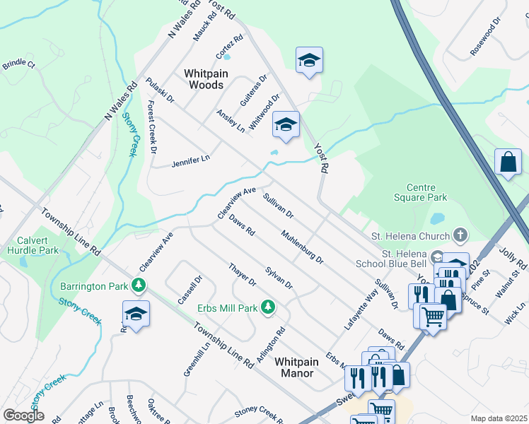 map of restaurants, bars, coffee shops, grocery stores, and more near 1665 Muhlenburg Drive in Blue Bell