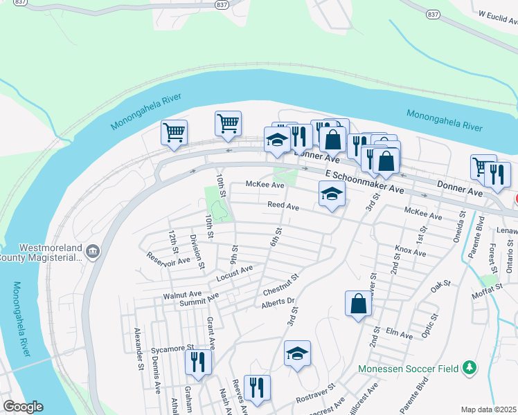 map of restaurants, bars, coffee shops, grocery stores, and more near 638 Reed Avenue in Monessen