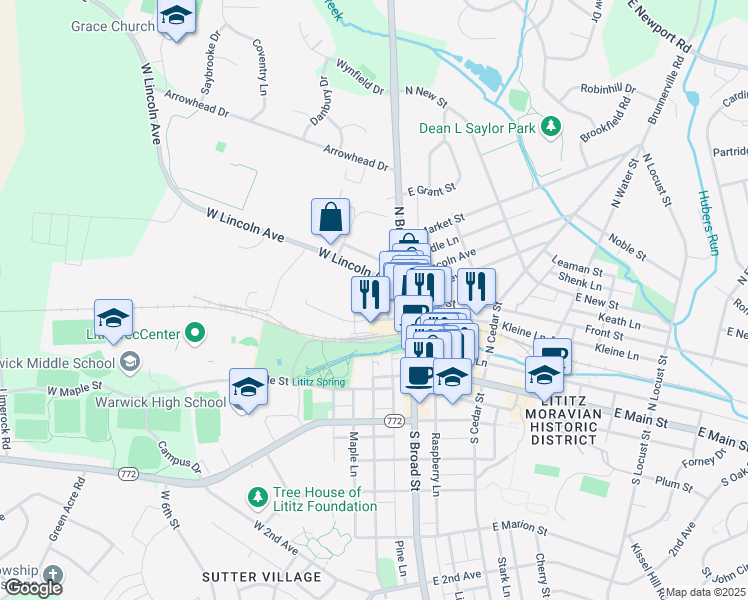 map of restaurants, bars, coffee shops, grocery stores, and more near 105 Warwick Street in Lititz