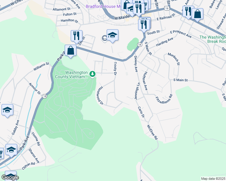 map of restaurants, bars, coffee shops, grocery stores, and more near 289 Trinity Drive in Washington