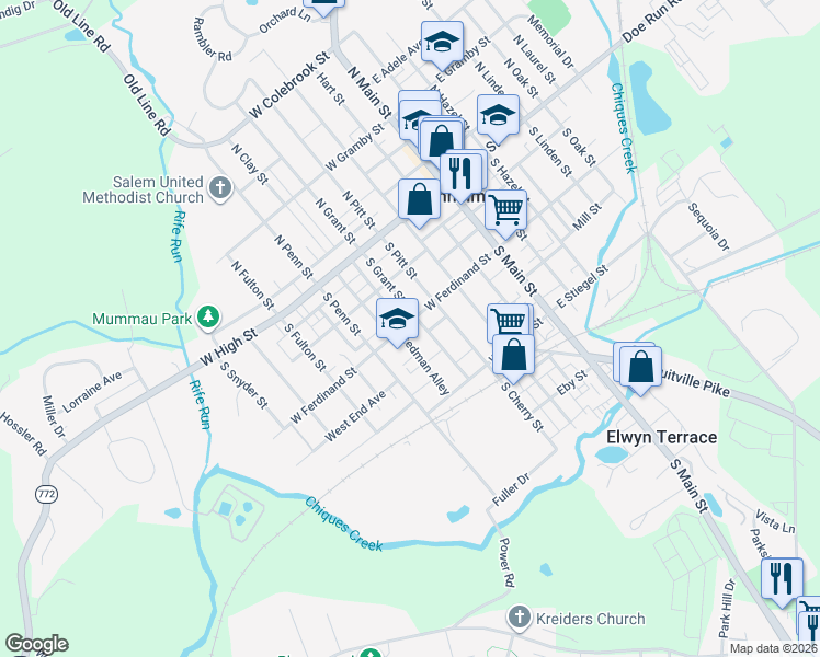 map of restaurants, bars, coffee shops, grocery stores, and more near 207 West Ferdinand Street in Manheim