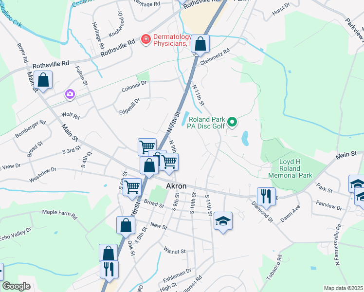 map of restaurants, bars, coffee shops, grocery stores, and more near 121 N 9th St in Akron