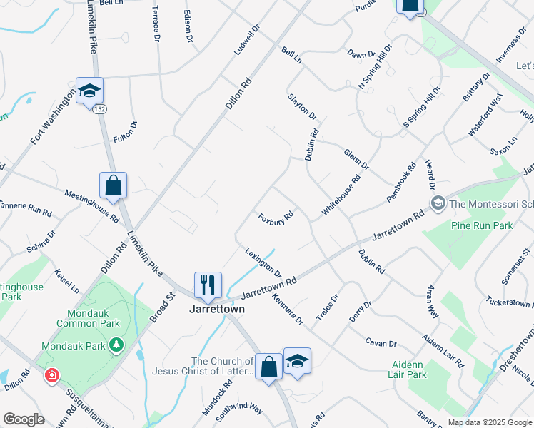 map of restaurants, bars, coffee shops, grocery stores, and more near 1510 Foxbury Road in Ambler