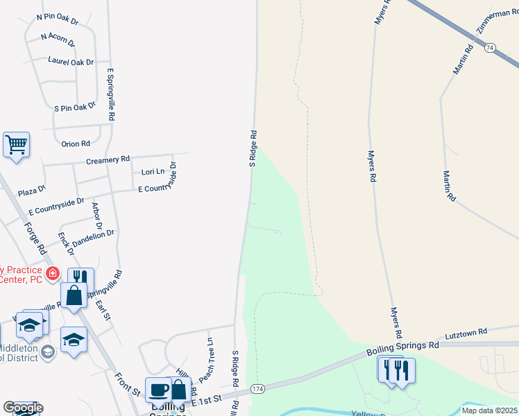 map of restaurants, bars, coffee shops, grocery stores, and more near 122 S Ridge Rd in Boiling Springs