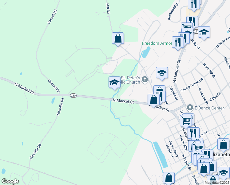 map of restaurants, bars, coffee shops, grocery stores, and more near in Elizabethtown