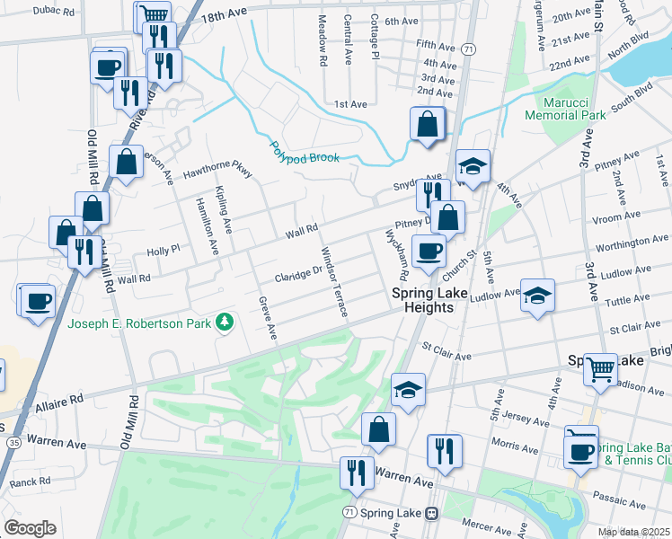 map of restaurants, bars, coffee shops, grocery stores, and more near 817 Claridge Drive in Spring Lake