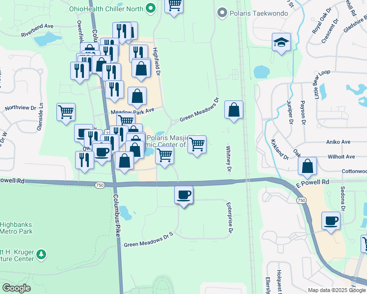 map of restaurants, bars, coffee shops, grocery stores, and more near 8875 Green Meadows Drive in Lewis Center