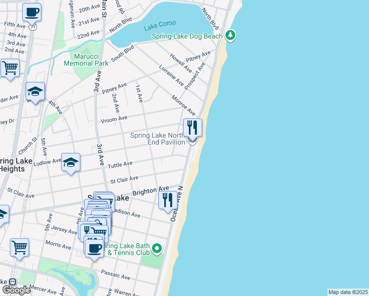 map of restaurants, bars, coffee shops, grocery stores, and more near 1907 Ocean Avenue in Spring Lake