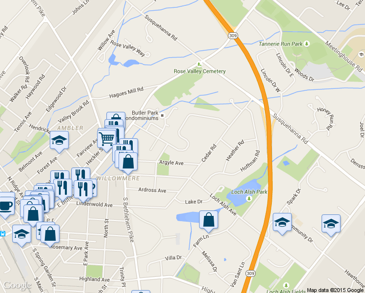 map of restaurants, bars, coffee shops, grocery stores, and more near 624 Meadowbrook Avenue in Ambler