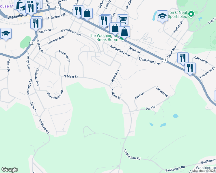 map of restaurants, bars, coffee shops, grocery stores, and more near 893 South Main Street in Washington