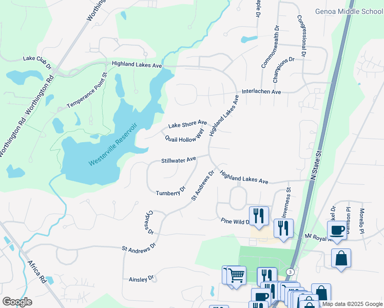 map of restaurants, bars, coffee shops, grocery stores, and more near 5621 Stillwater Avenue in Westerville