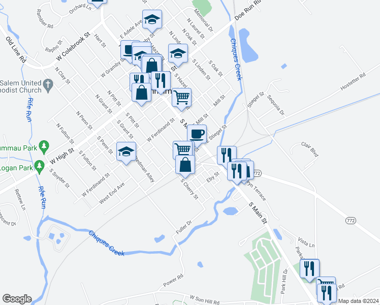 map of restaurants, bars, coffee shops, grocery stores, and more near 28 West Stiegel Street in Manheim