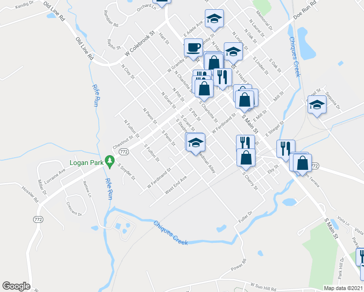 map of restaurants, bars, coffee shops, grocery stores, and more near 67 South Penn Street in Manheim