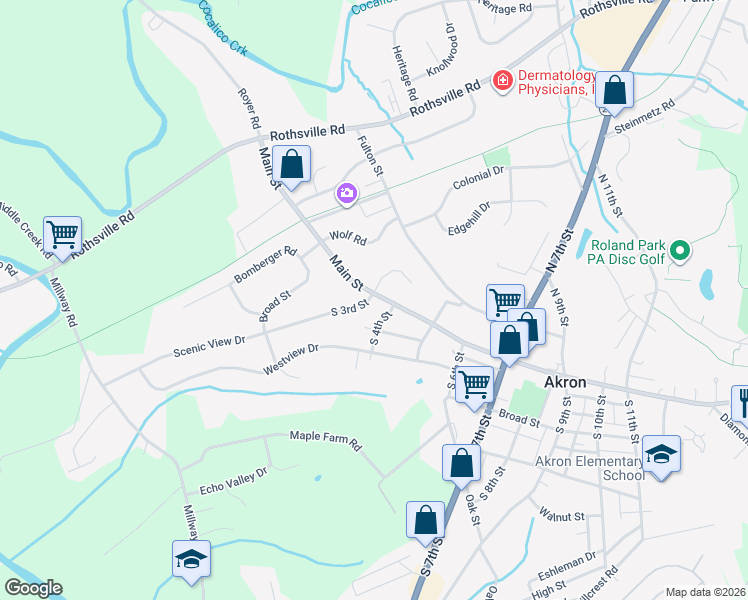 map of restaurants, bars, coffee shops, grocery stores, and more near 322 Main Street in Ephrata