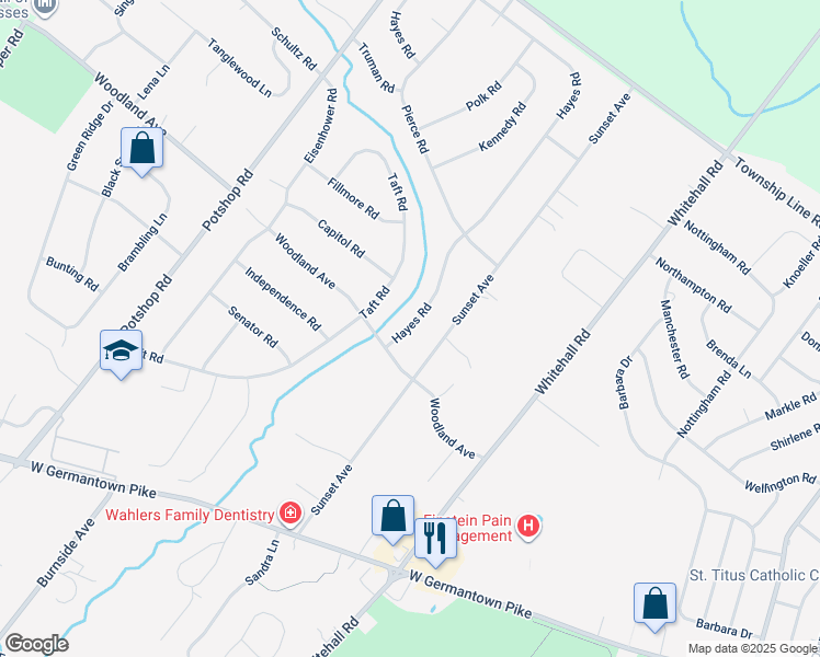 map of restaurants, bars, coffee shops, grocery stores, and more near 3104 Hayes Road in East Norriton