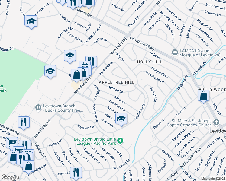 map of restaurants, bars, coffee shops, grocery stores, and more near 49 Autumn Lane in Levittown