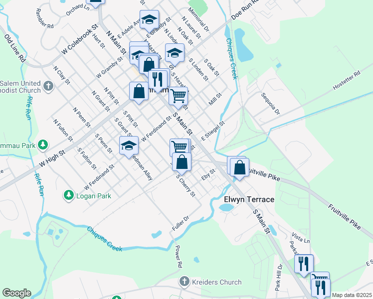 map of restaurants, bars, coffee shops, grocery stores, and more near 28 West Stiegel Street in Manheim