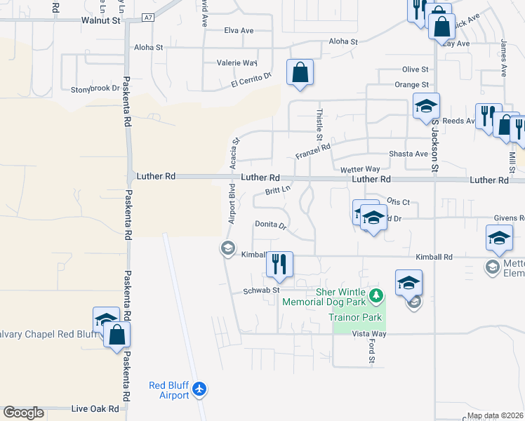 map of restaurants, bars, coffee shops, grocery stores, and more near 1320 Britt Lane in Red Bluff