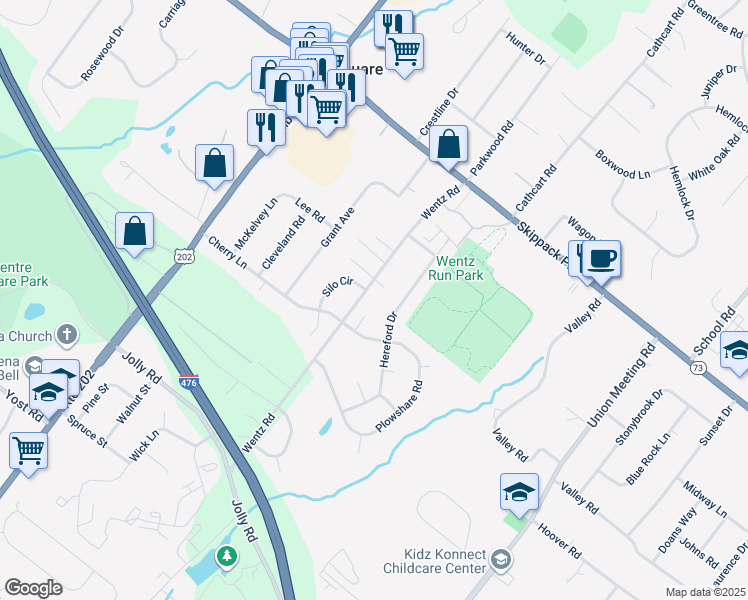 map of restaurants, bars, coffee shops, grocery stores, and more near 1120 Wentz Rd in Blue Bell
