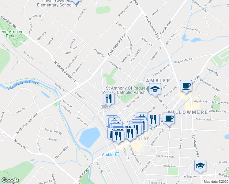 map of restaurants, bars, coffee shops, grocery stores, and more near 127 Tennis Avenue in Ambler