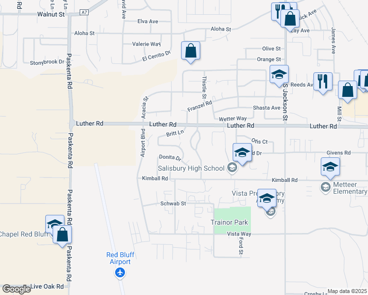 map of restaurants, bars, coffee shops, grocery stores, and more near 1359 Britt Lane in Red Bluff