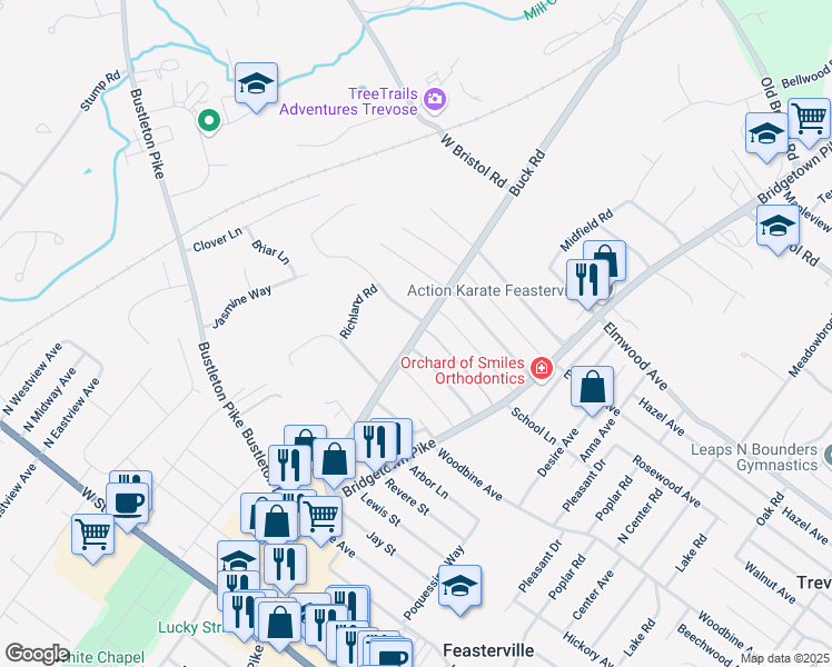 map of restaurants, bars, coffee shops, grocery stores, and more near 1540 Buck Road in Feasterville-Trevose