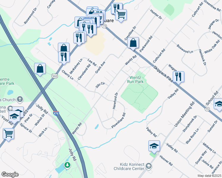 map of restaurants, bars, coffee shops, grocery stores, and more near 1120 Wentz Road in Blue Bell