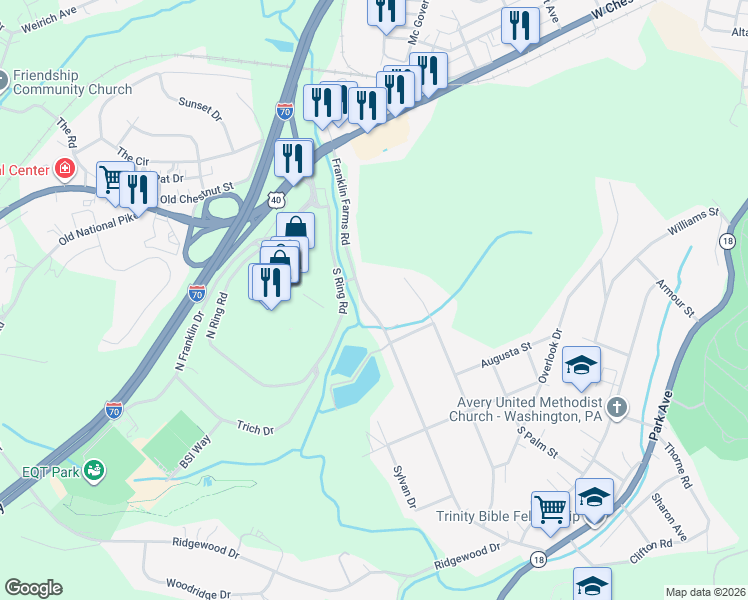 map of restaurants, bars, coffee shops, grocery stores, and more near 240 Franklin Farms Road in Washington