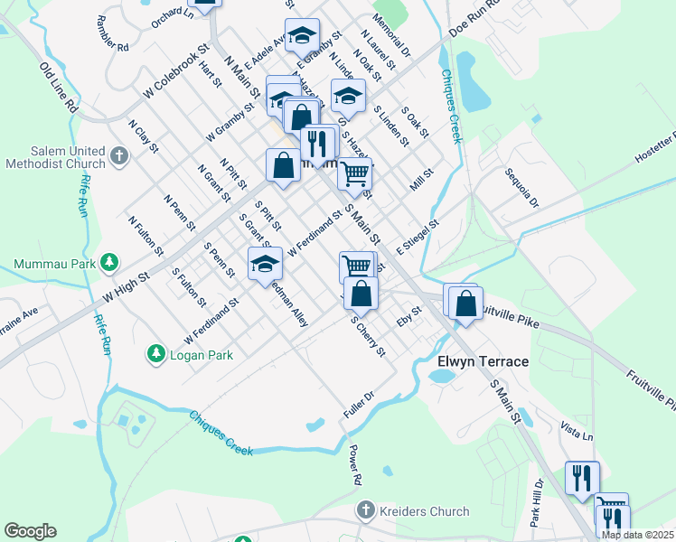 map of restaurants, bars, coffee shops, grocery stores, and more near 156 South Charlotte Street in Manheim