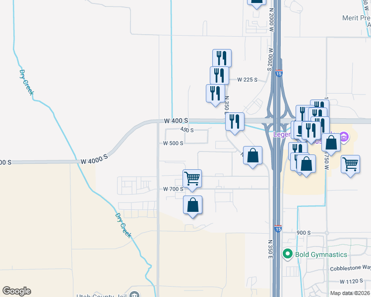 map of restaurants, bars, coffee shops, grocery stores, and more near 2487 West 500 South in Springville