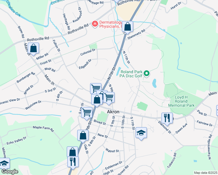 map of restaurants, bars, coffee shops, grocery stores, and more near 136 North 9th Street in Akron