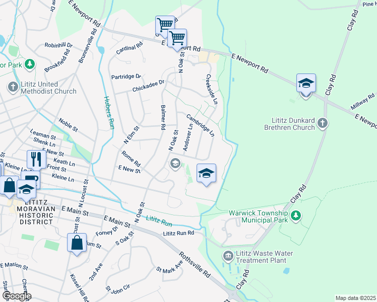 map of restaurants, bars, coffee shops, grocery stores, and more near 205 Andover Lane in Lititz