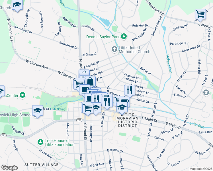 map of restaurants, bars, coffee shops, grocery stores, and more near 110 North Cedar Street in Lititz
