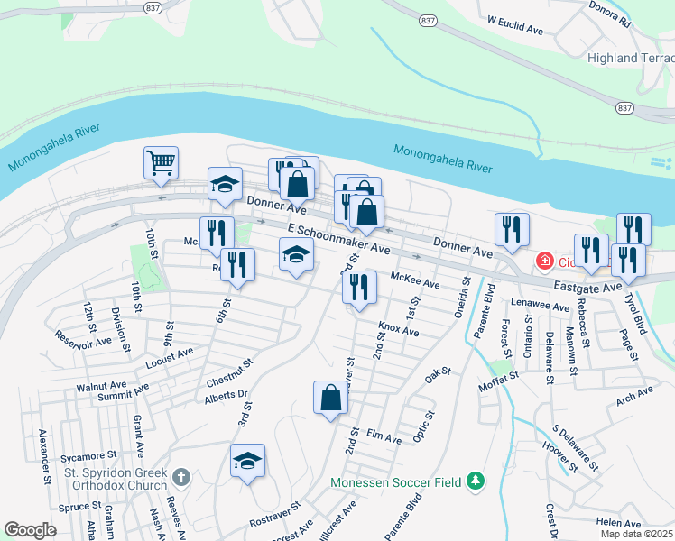 map of restaurants, bars, coffee shops, grocery stores, and more near 304 4th Street in Monessen
