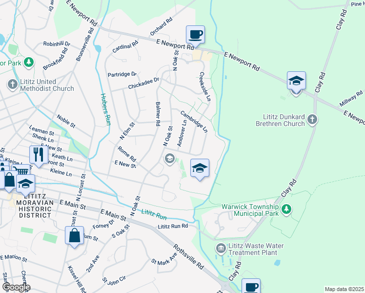map of restaurants, bars, coffee shops, grocery stores, and more near 205 Andover Lane in Lititz