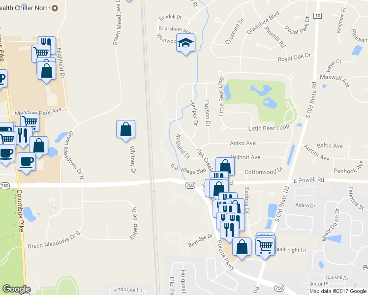 map of restaurants, bars, coffee shops, grocery stores, and more near 8665 Kirkland Drive in Lewis Center