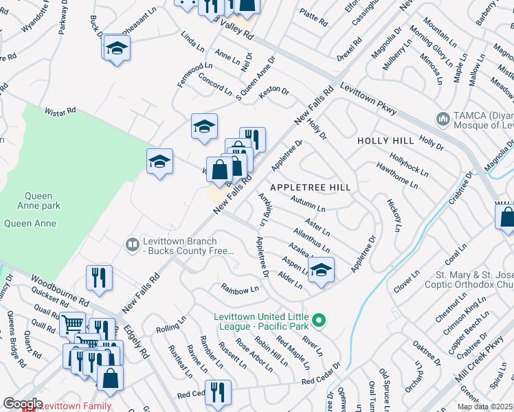 map of restaurants, bars, coffee shops, grocery stores, and more near 14 Arch Lane in Levittown