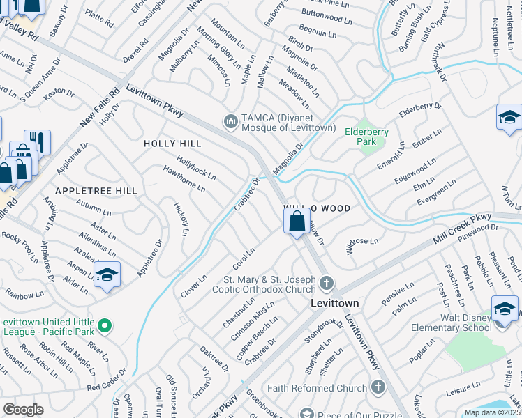 map of restaurants, bars, coffee shops, grocery stores, and more near 22 Catalpa Lane in Levittown