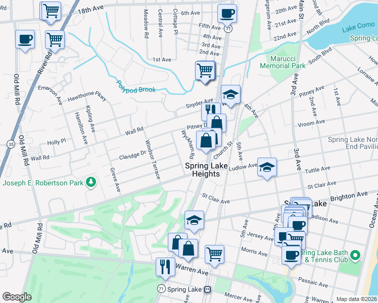 map of restaurants, bars, coffee shops, grocery stores, and more near 31 Wyckham Road in Spring Lake