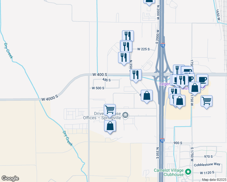map of restaurants, bars, coffee shops, grocery stores, and more near 2457 West 500 South in Springville