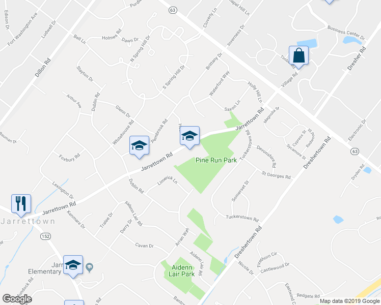 map of restaurants, bars, coffee shops, grocery stores, and more near 1701 Jarrettown Road in Dresher