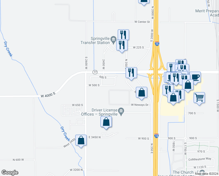 map of restaurants, bars, coffee shops, grocery stores, and more near 2457 West 500 South in Springville