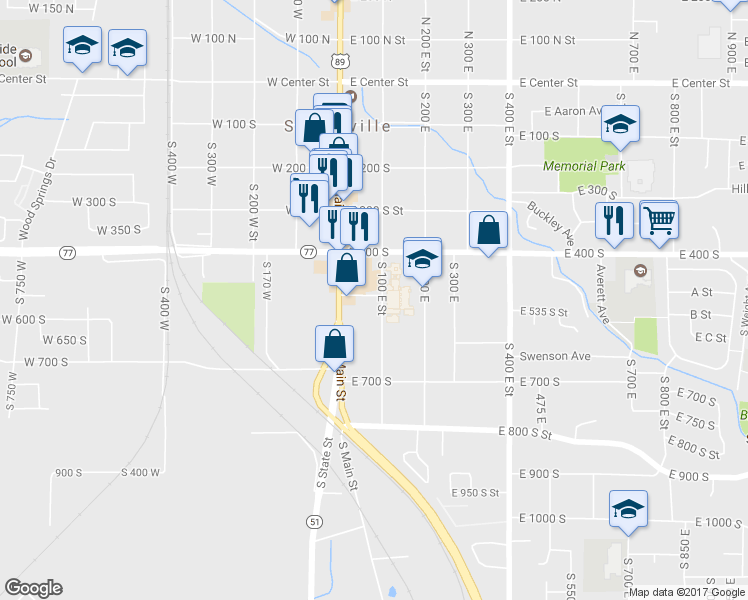 map of restaurants, bars, coffee shops, grocery stores, and more near 508 South 100 East in Springville