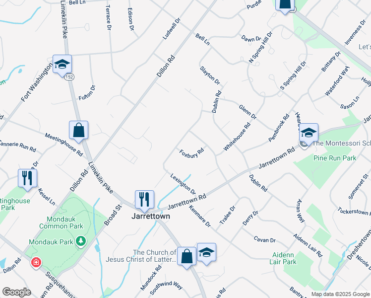 map of restaurants, bars, coffee shops, grocery stores, and more near 1510 Foxbury Road in Ambler