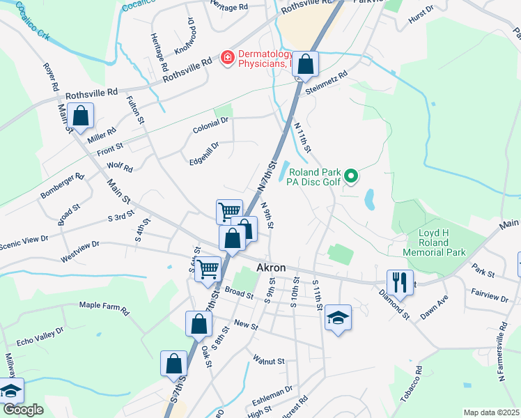map of restaurants, bars, coffee shops, grocery stores, and more near 136 N 9th St in Akron
