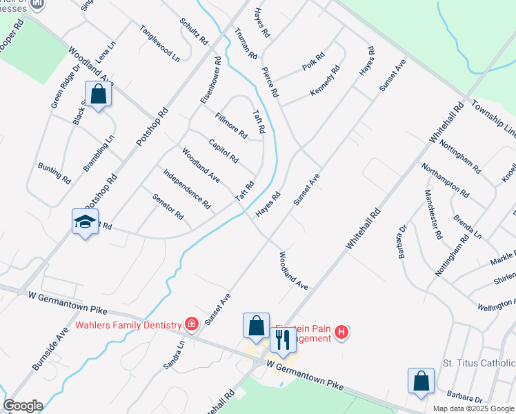 map of restaurants, bars, coffee shops, grocery stores, and more near 3103 Hayes Road in Norristown